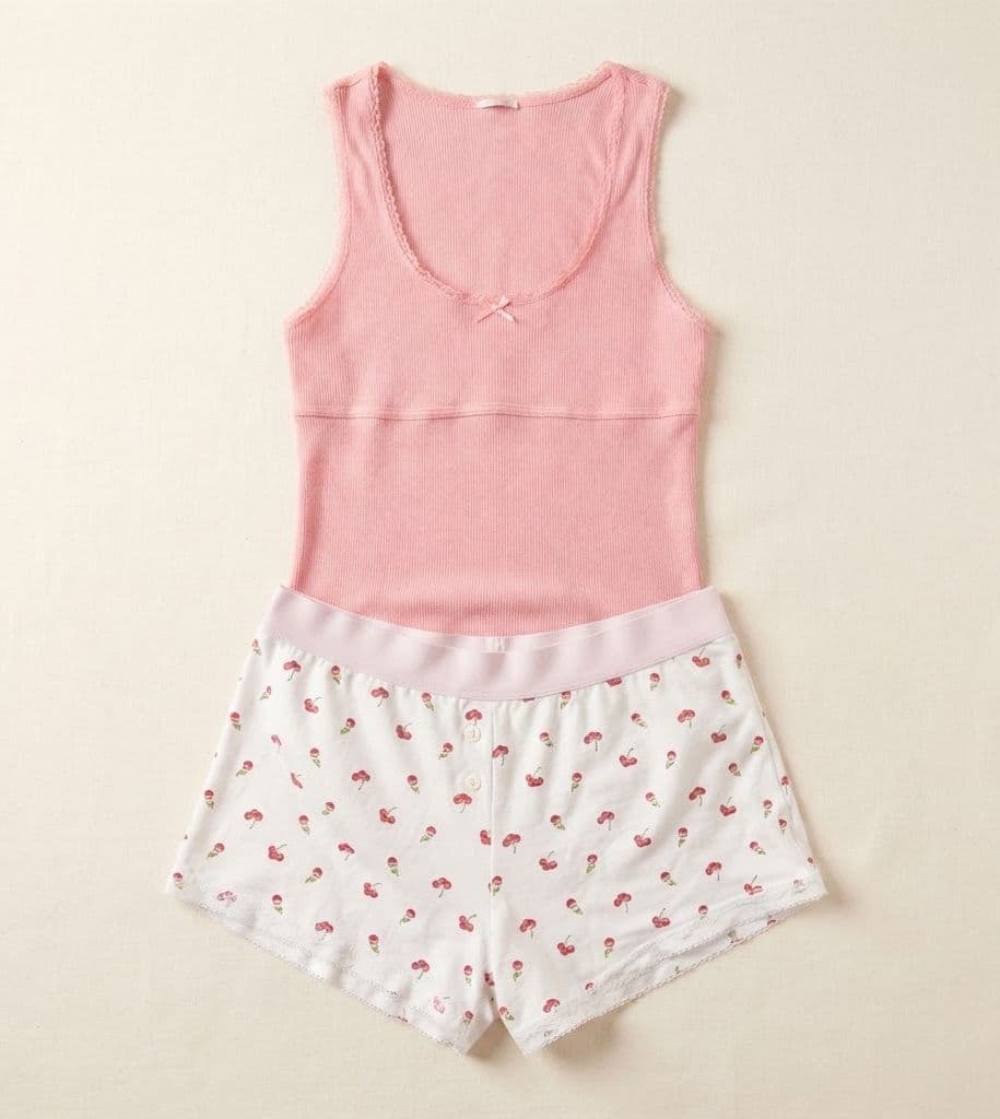 Ribbed Pink Cami & Cherry Print Shorts Sleep Set