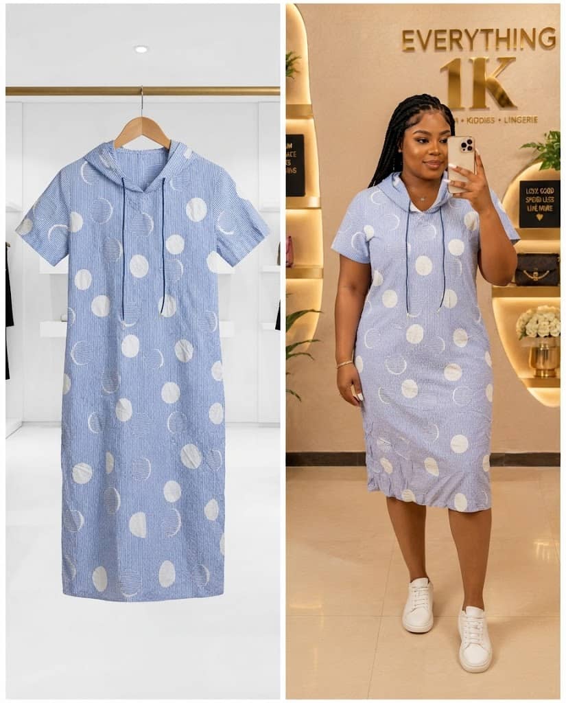Blue and White Striped Polka-Dot Hooded Dress