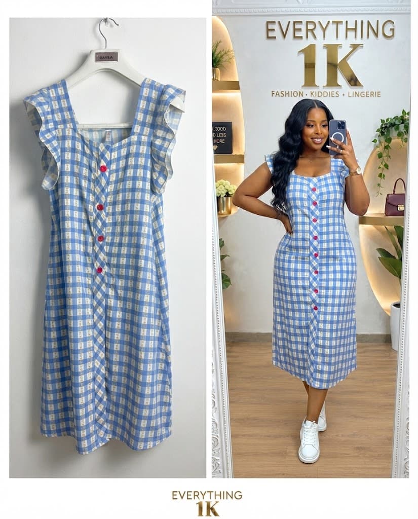 Blue and White Gingham Ruffled Button-Front Dress