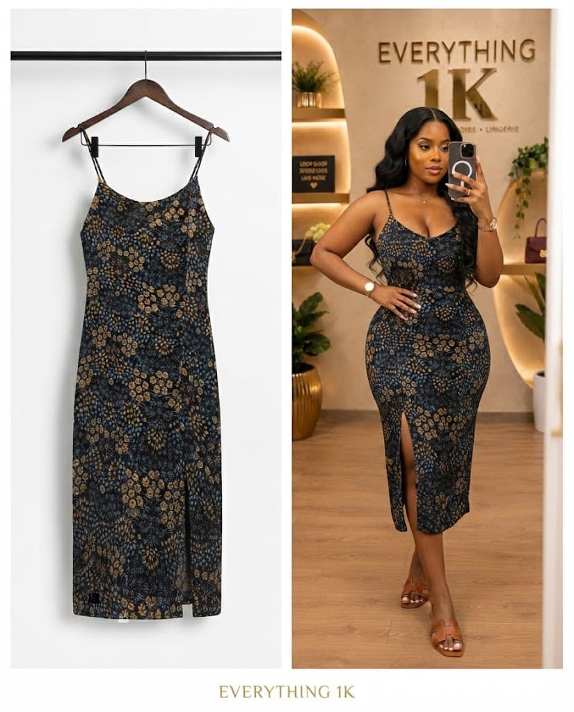 Black & Gold Floral Slit Slip Dress