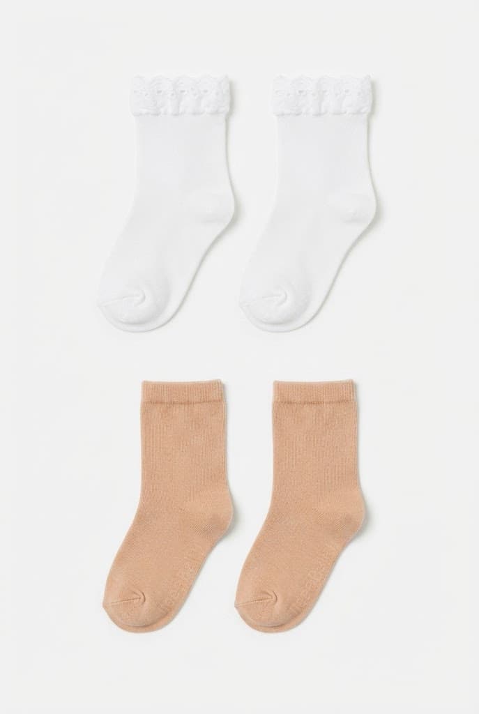 Baby White Lace-Trim and Nude Beige Crew Socks (2-Pack)