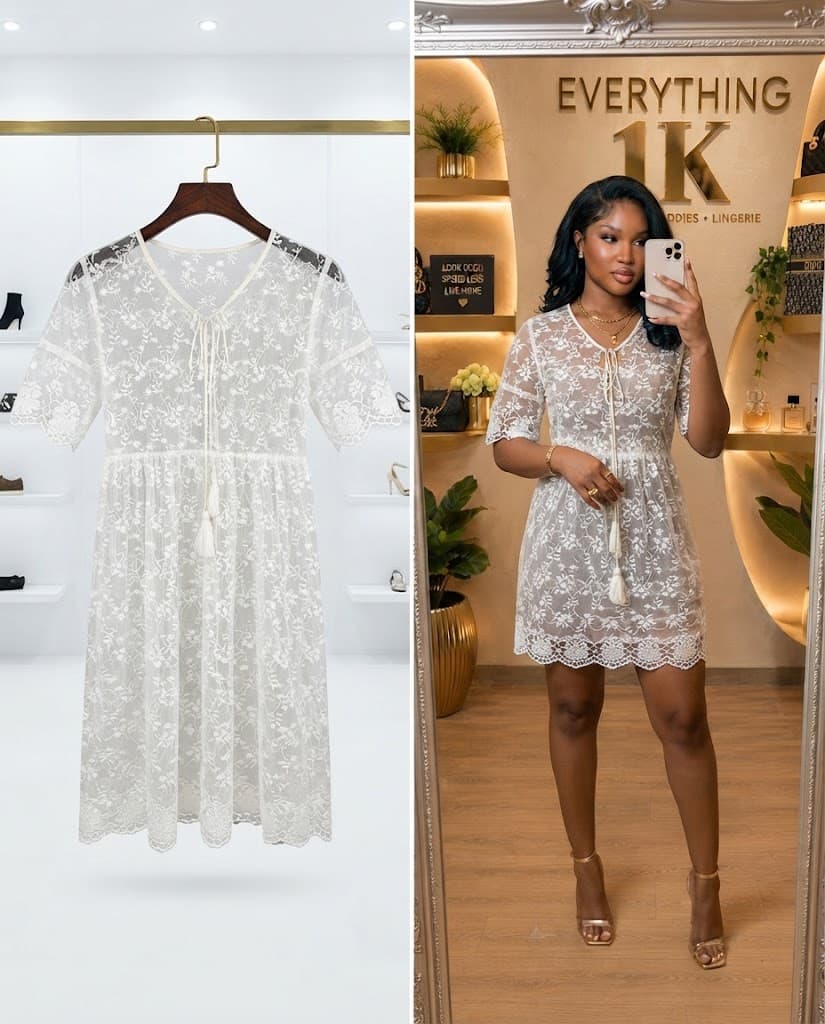 White Sheer Lace V-Neck Tassel Mini Dress