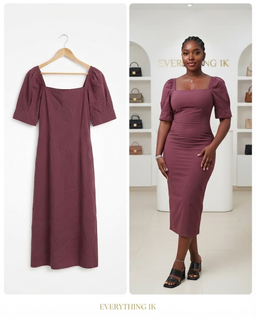 Plum Square-Neck Puff-Sleeve Midi Dress