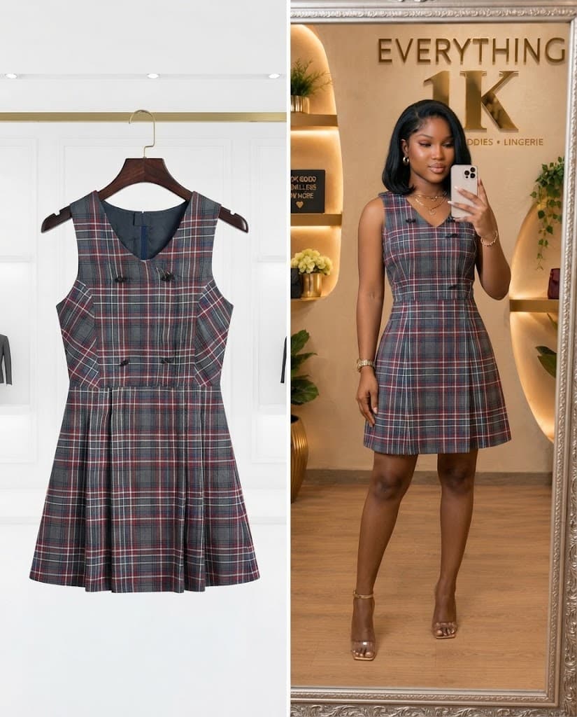 Grey Plaid Pleated V-Neck Mini Dress