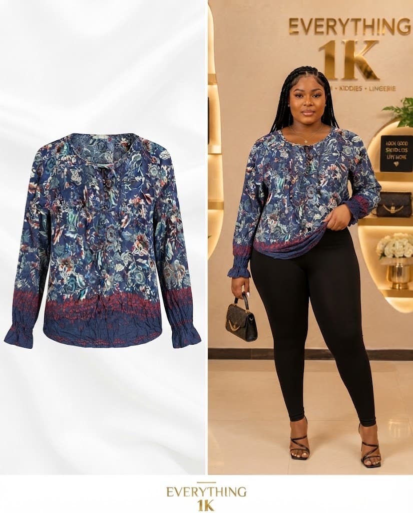 Casual Blue Floral Long-Sleeve Blouse