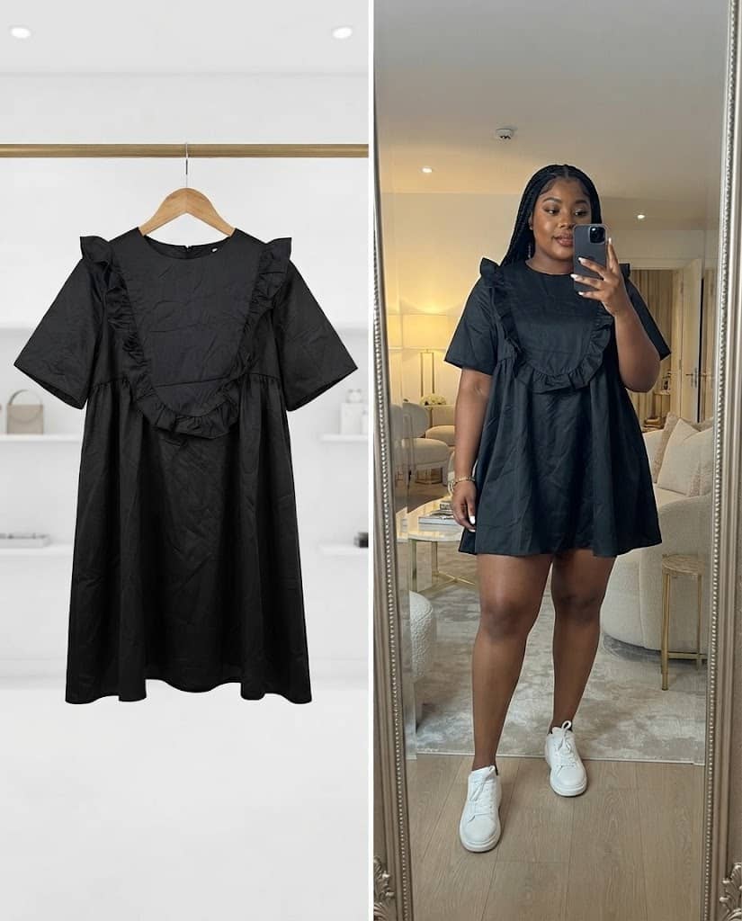 Black Short-Sleeve Ruffle-Trim Babydoll Dress