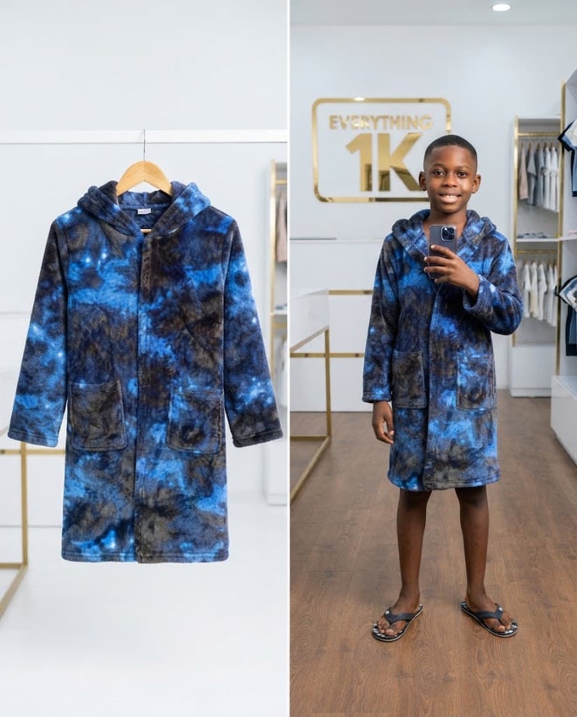Blue and Dark Gray Tie-Dye Fleece Robe 5-7years