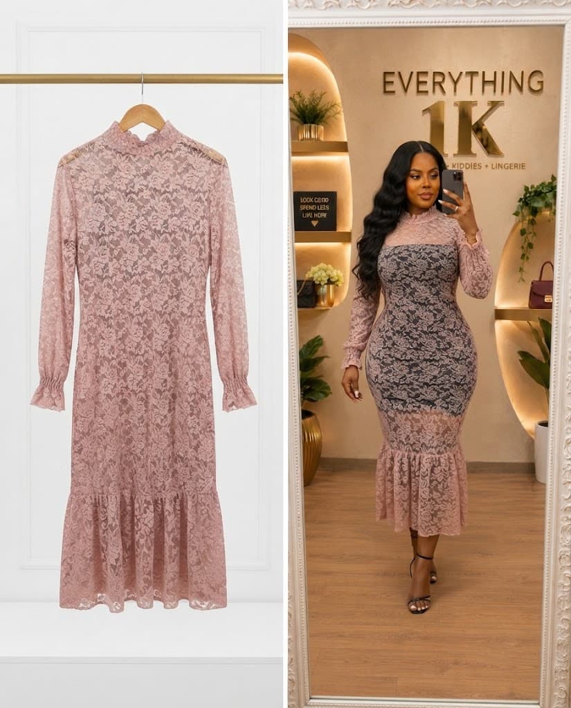 Dusty Pink Mock Neck Lace Midi Dress