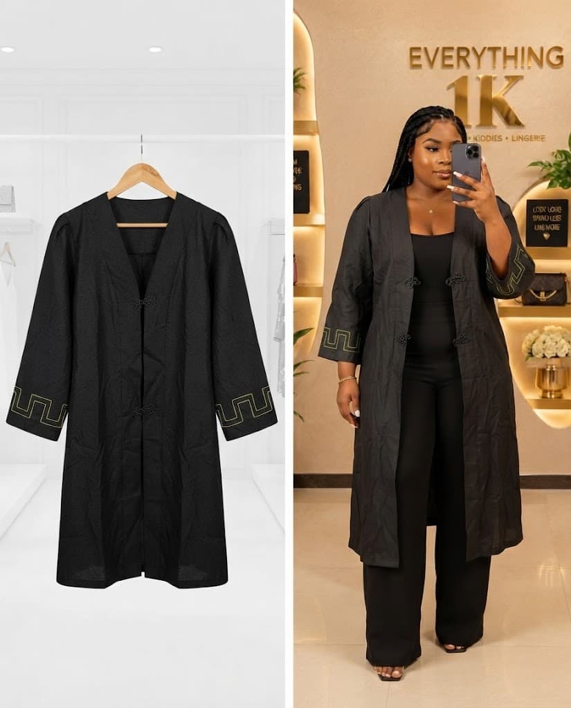Embroidered Sleeve Open-Front Long Duster