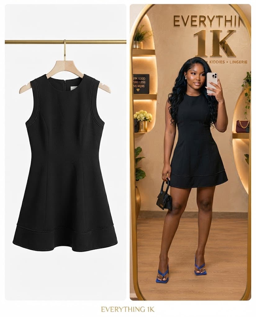 Black Sleeveless Mini Dress with Textured Hem Trim