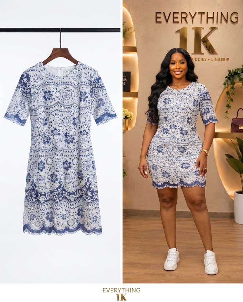 Blue and White Patterned Lace Scallop Hem corporate Dress
