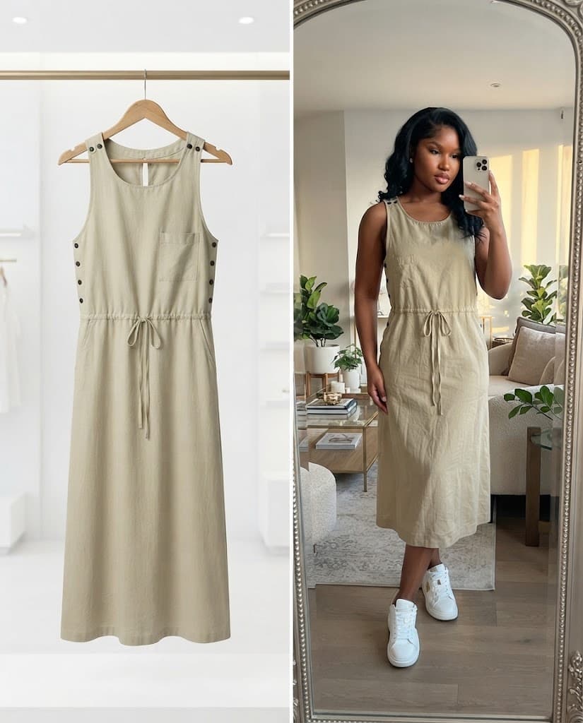 Sage Green Sleeveless Midi Dress with Drawstring Waist