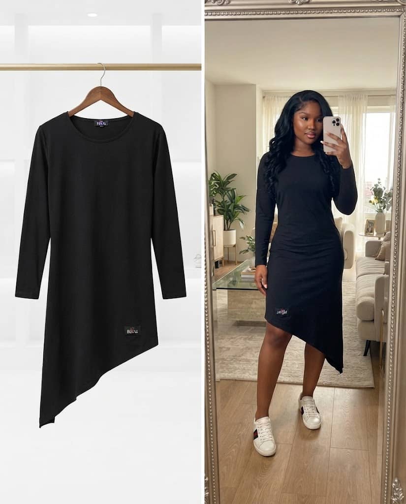 Black Long-Sleeve Asymmetric Hem Dress