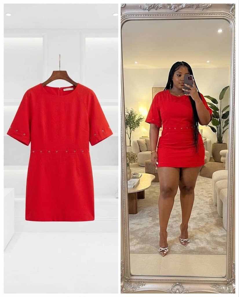 Vibrant Red Short-Sleeve Grommet-Accented Mini Dress