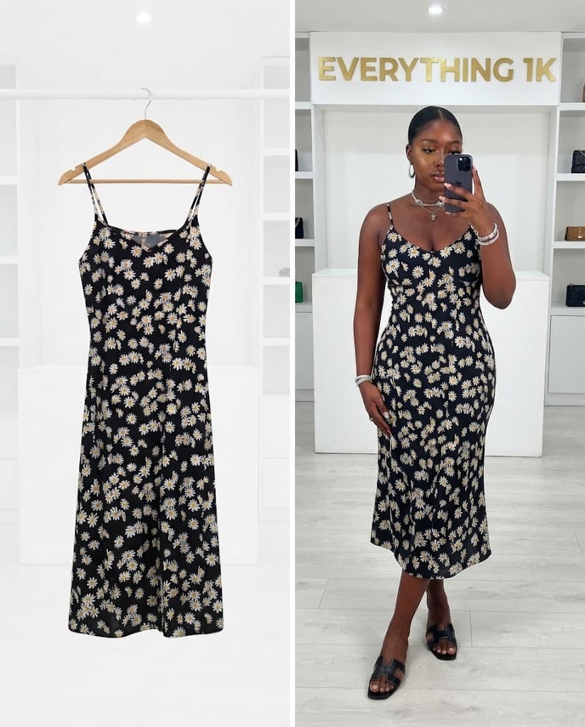 Black Daisy Print Slip Dress