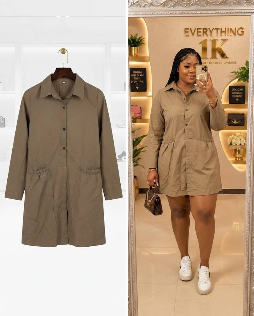 Taupe Long-Sleeve Shirt Dress with Pocket Details