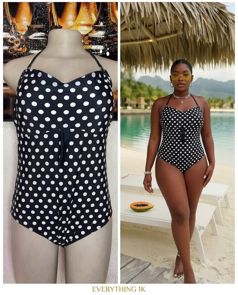 Black & White Polka Dot Halter One-Piece Swimsuit