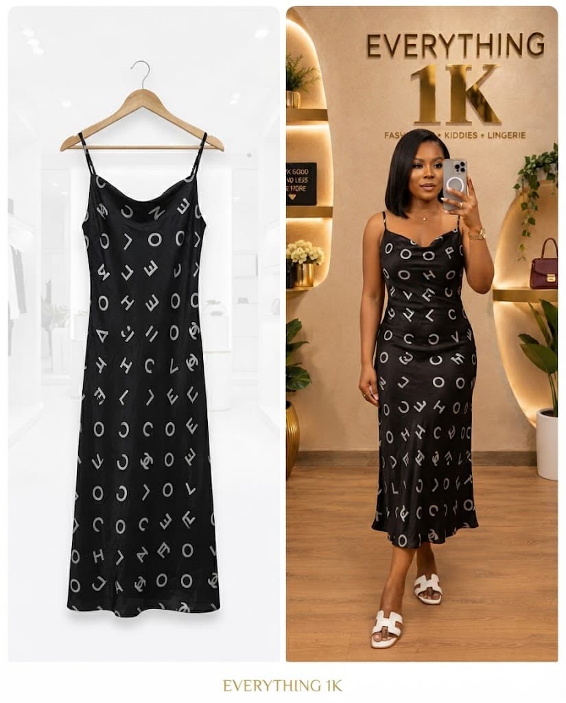 Black Alphabet Print Cowl Neck Slip Dress