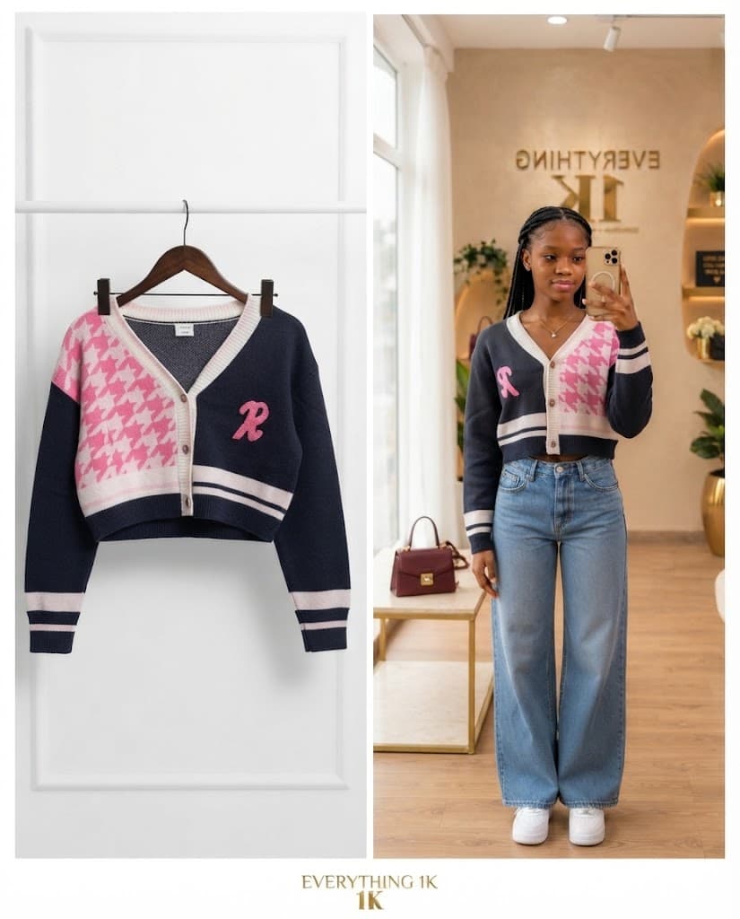 Pre-loved Girls Cropped Cardigan with Houndstooth and 'R' Patch