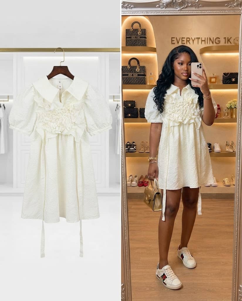 White Textured Mini Dress with Ruffled Floral Bodice