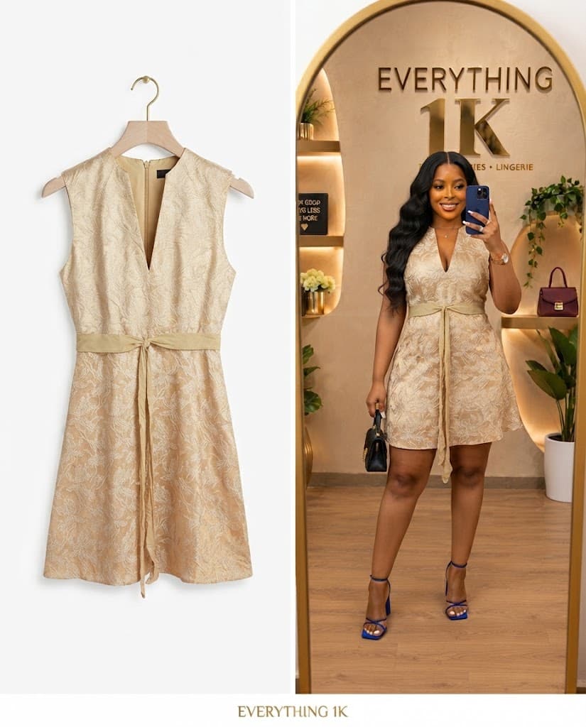 Gold Floral Jacquard V-Neck Mini Dress