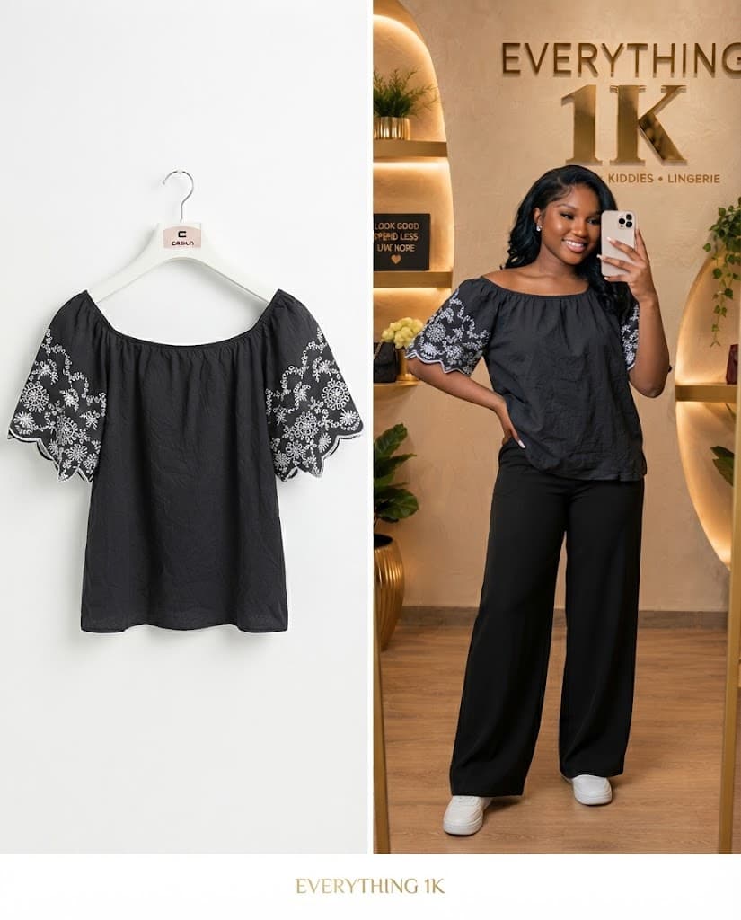Casual Black Off-The-Shoulder Embroidered Top