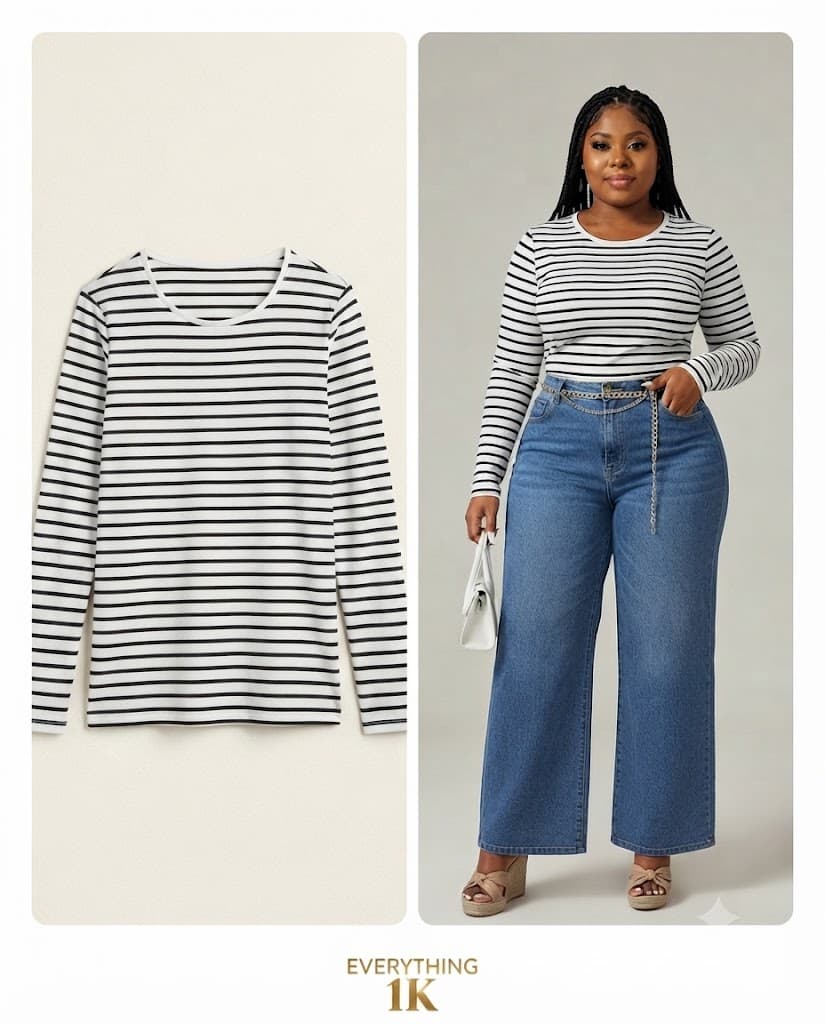 Ladies Black & White Striped Long-Sleeve Top