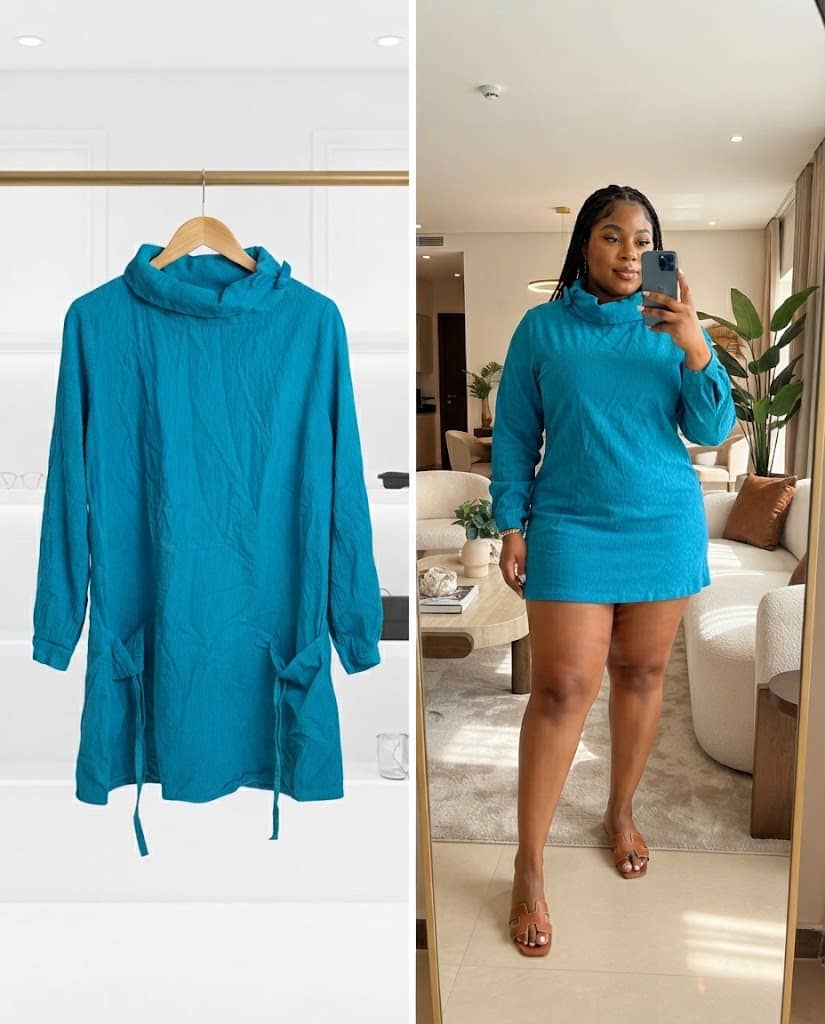 Teal Cowl-Neck Long-Sleeve Pocket Utility Dress