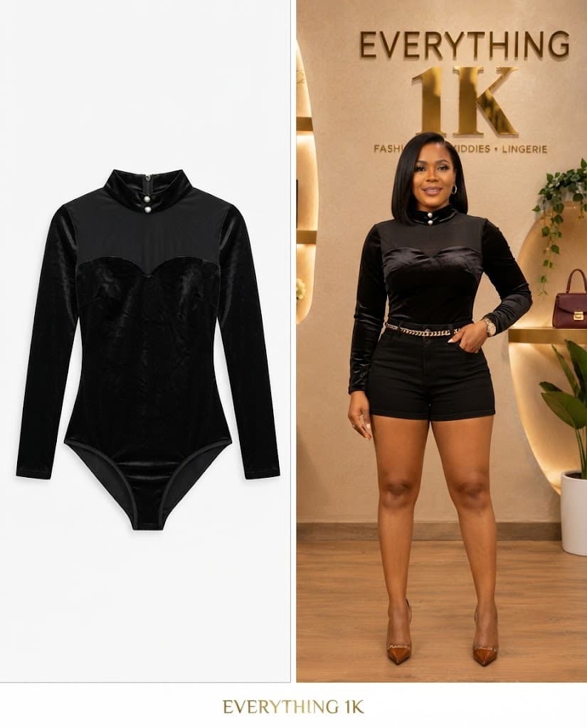 Black classic Velvet Mock-Neck Bodysuit