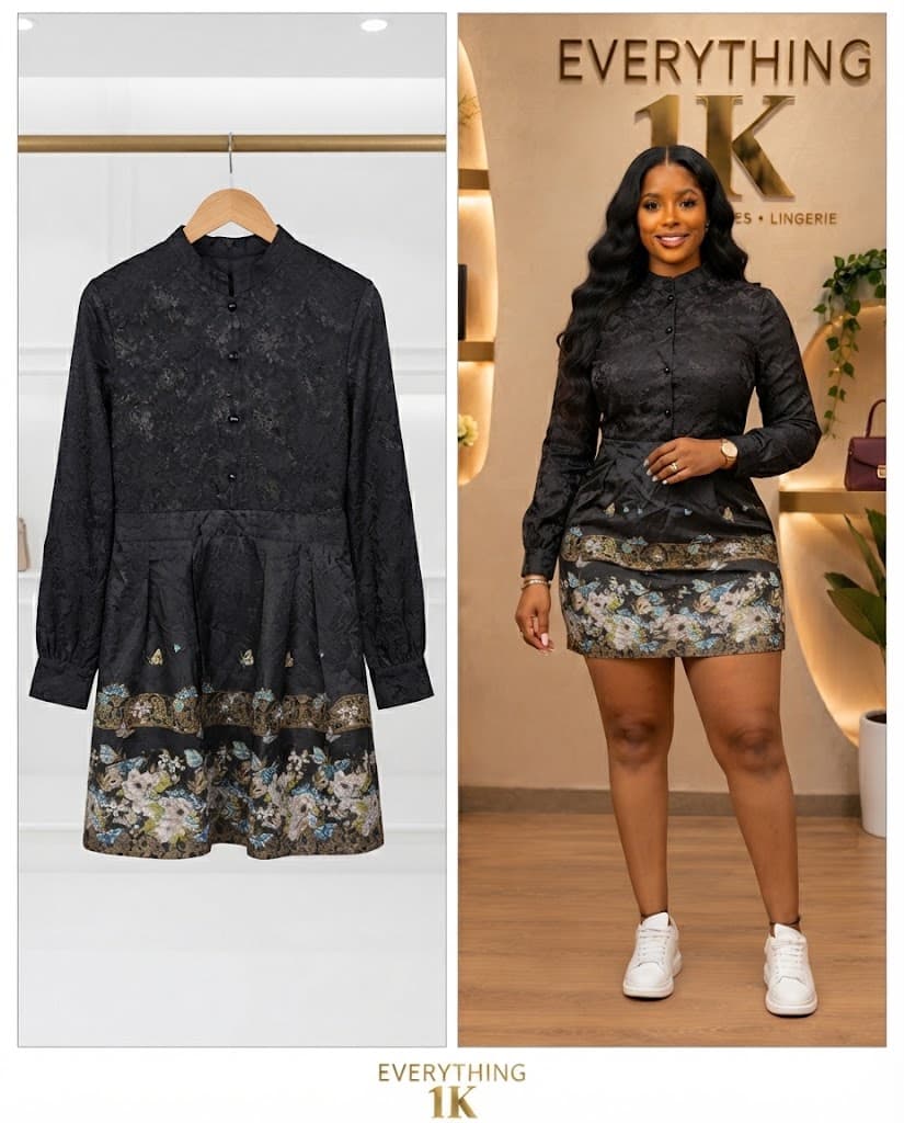 Black Floral Hem Long-Sleeve Mini party Dress
