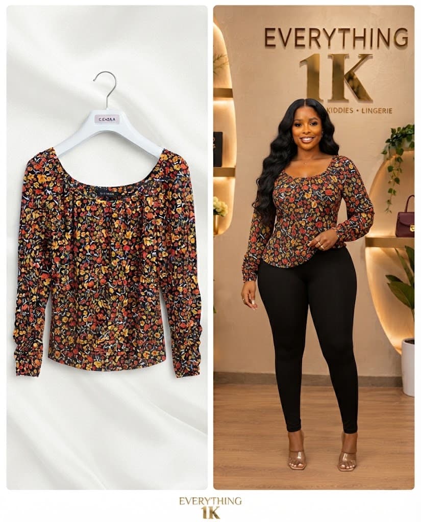 Casual Black Multi-Color Floral Long-Sleeve Scoop Top