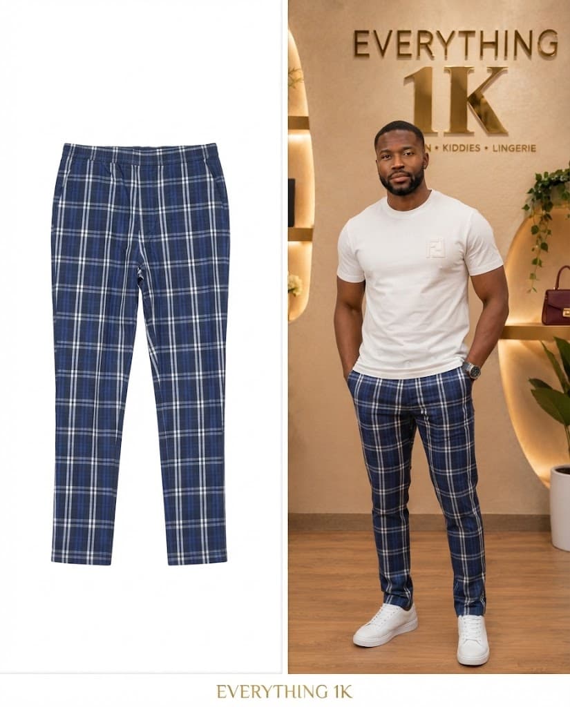 Blue & White Plaid Men’s Casual Trousers