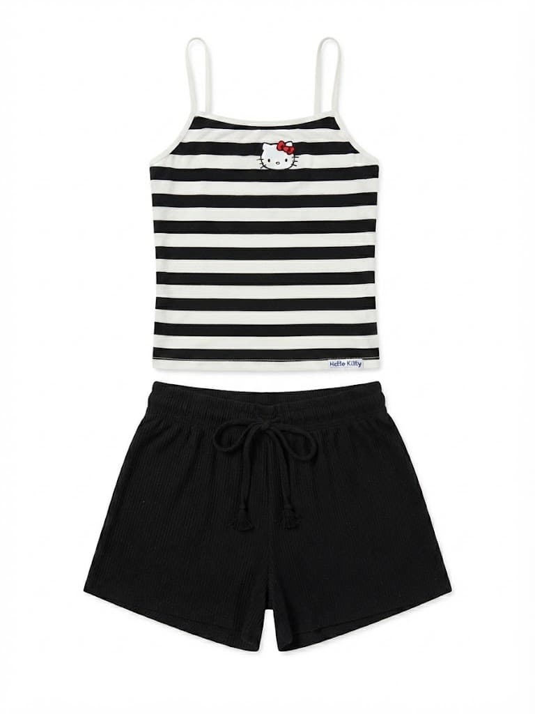 Striped Cami & Black Ribbed Short Pajama Set