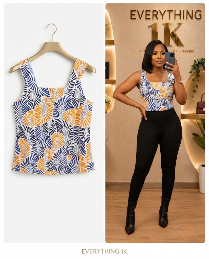 Casual Blue and Orange Leaf-Print Square-Neck Tank Top