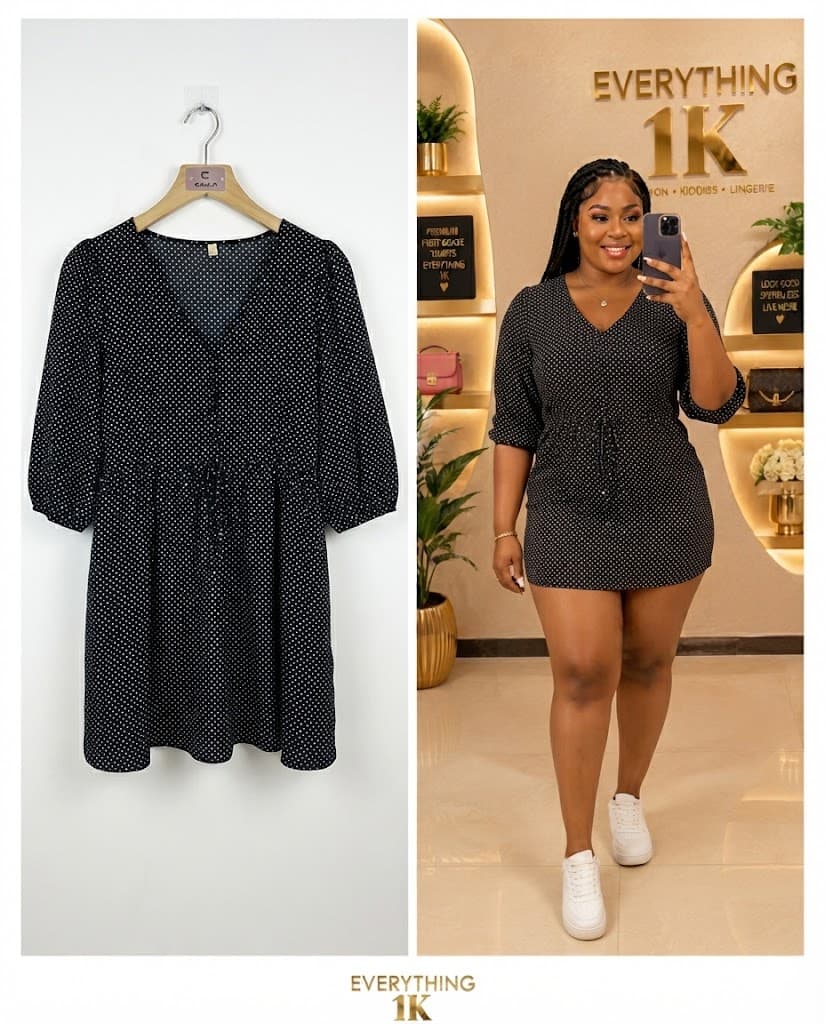 Black and White Polka Dot Midi Dress with Drawstring