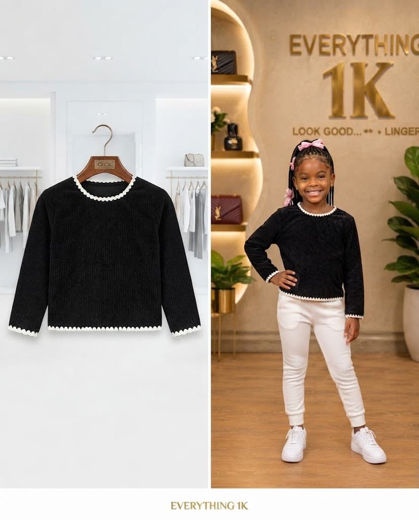 Black Scallop-Trim Long-Sleeve Top (Ages 5-6)