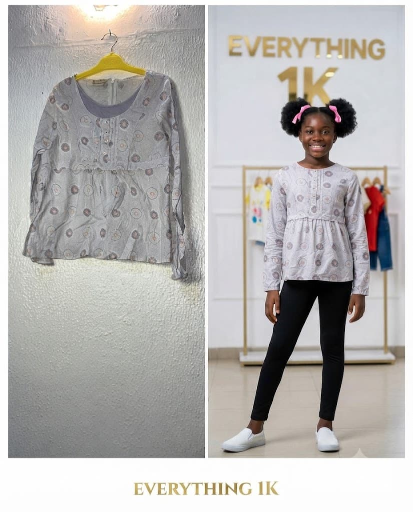 Girls Grey Patterned Peest-Style Blouse 7-9 Years