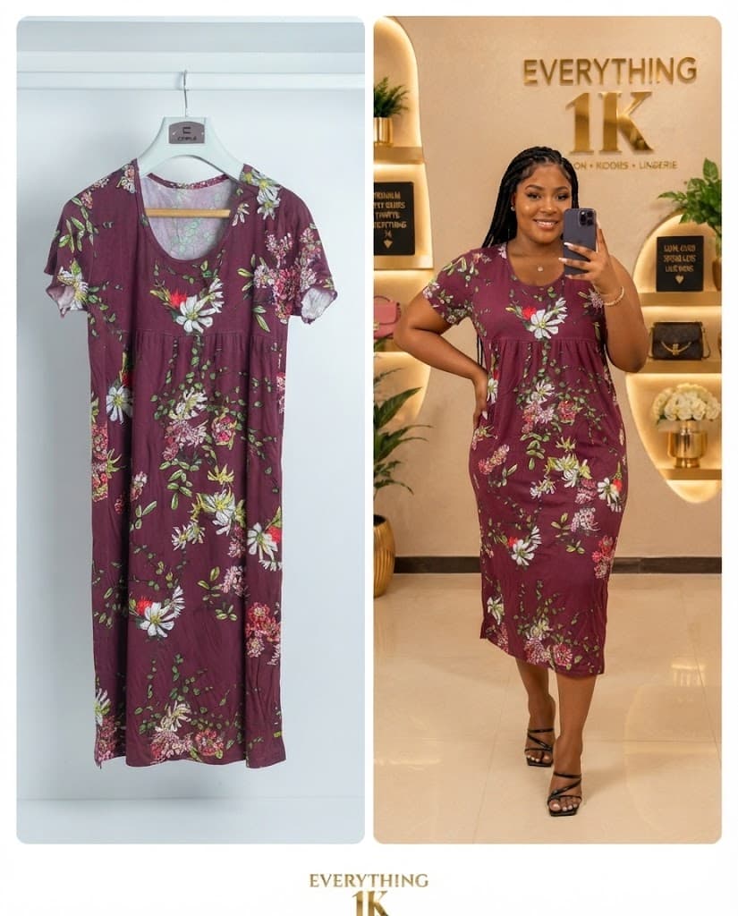 Burgundy Floral Print Half-Sleeve Midi Dress