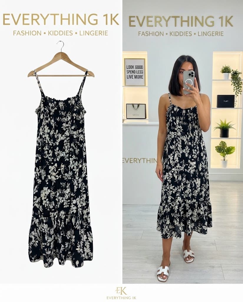 Black Floral Print Ruffle Hem Midi Dress