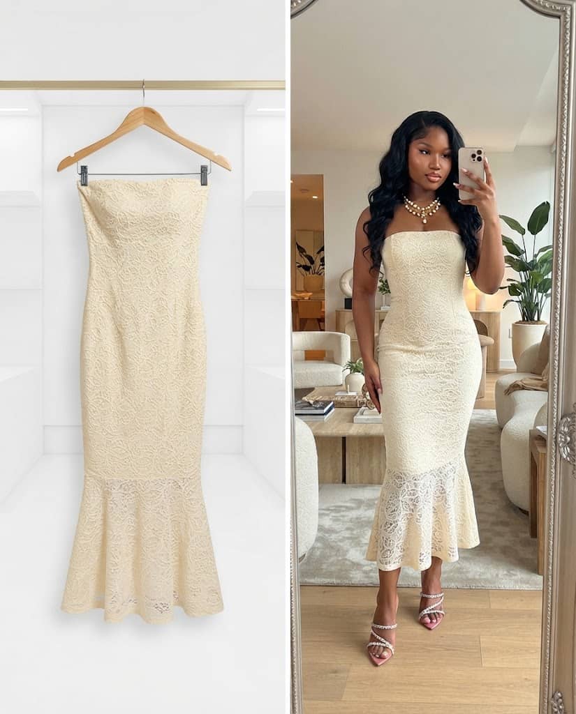 Cream Lace Strapless Mermaid Midi Dress