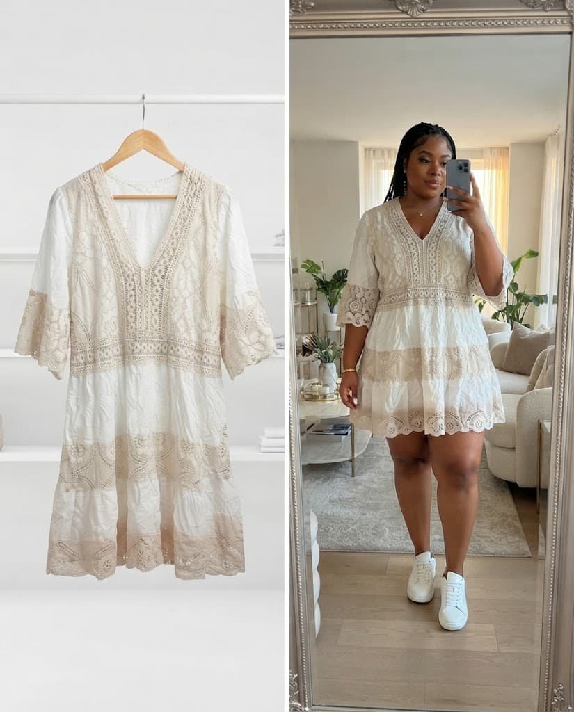 White and Beige Embroidered Tiered Dress