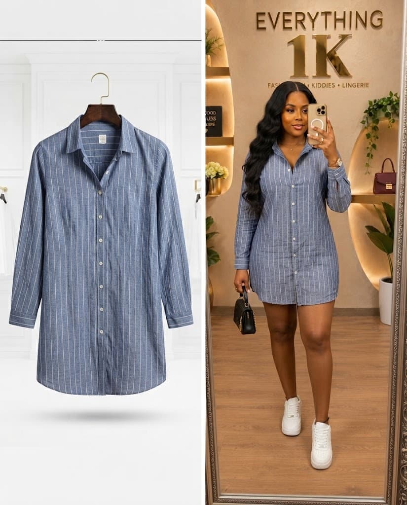 Blue Striped Long-Sleeve Shirt Dress