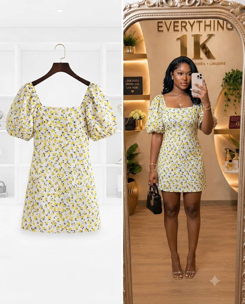 White and Yellow Floral Square-Neck Puff-Sleeve Dress