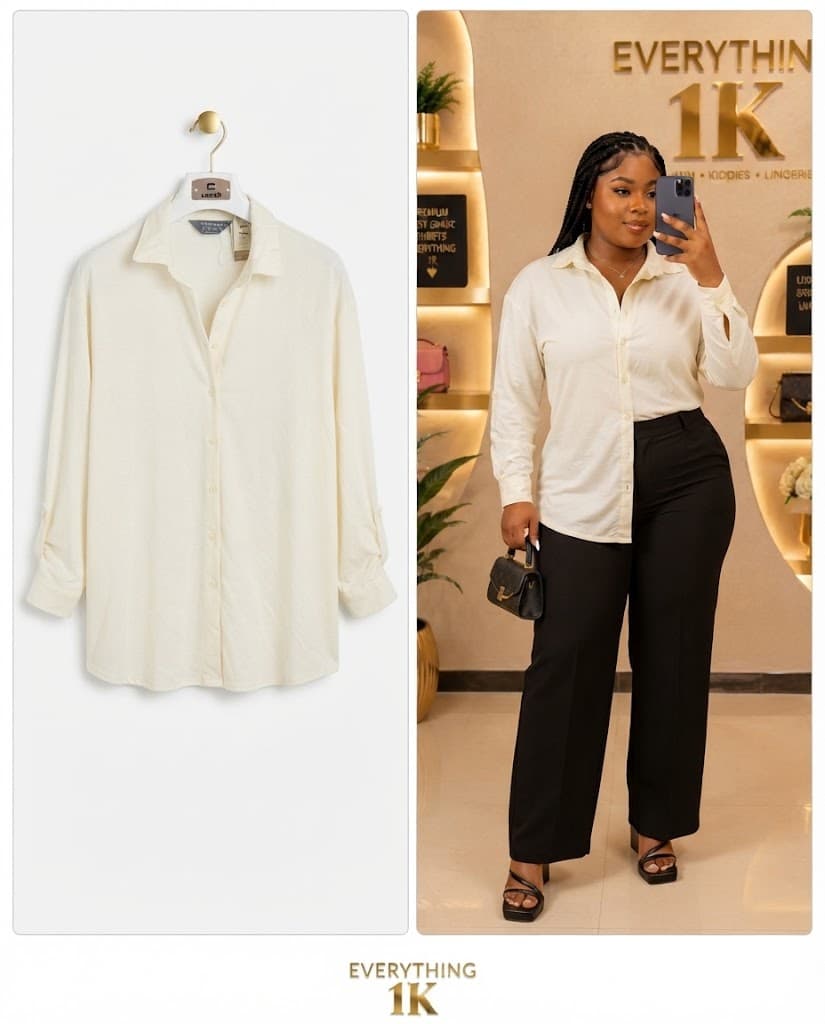 Corporate/Casual Cream Long-Sleeve Button-Down Collared Shirt