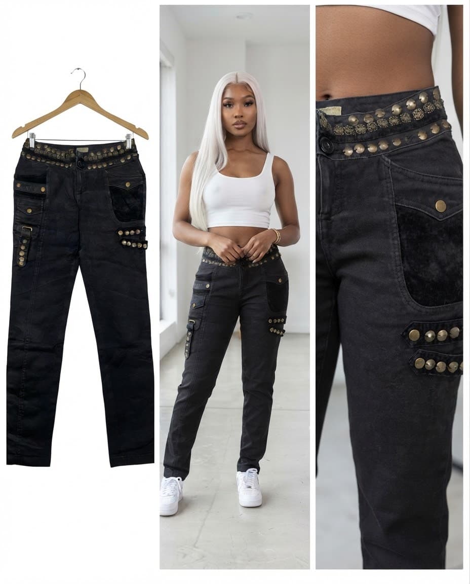 Charcoal Cargo Denim Trousers with Studded Details 28/30