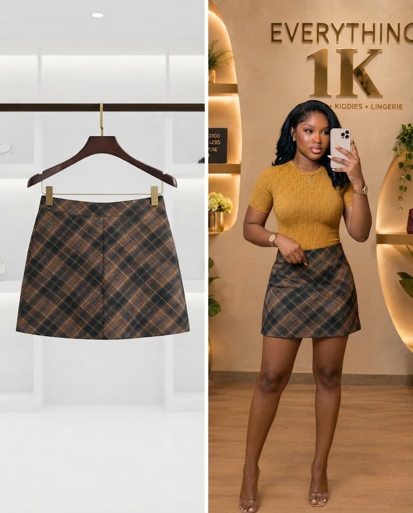 Diagonal Brown and Black Plaid Mini Skirt