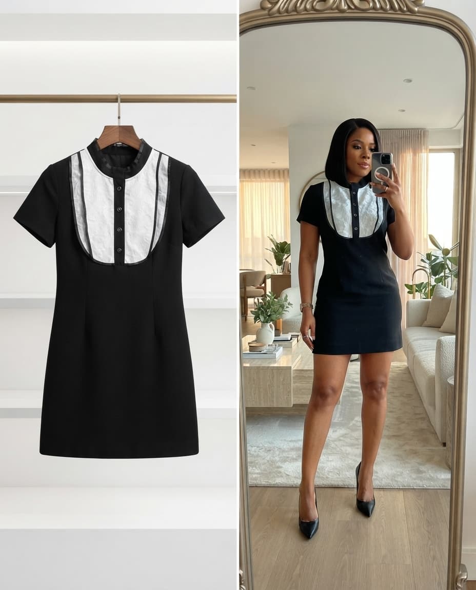 Black Short-Sleeve Mini Dress with White Bib Front