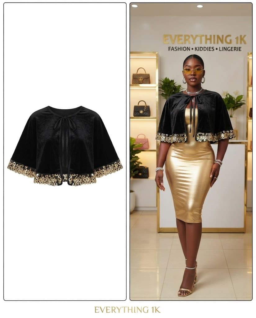 Black Velvet Sequin-Trim Capelet