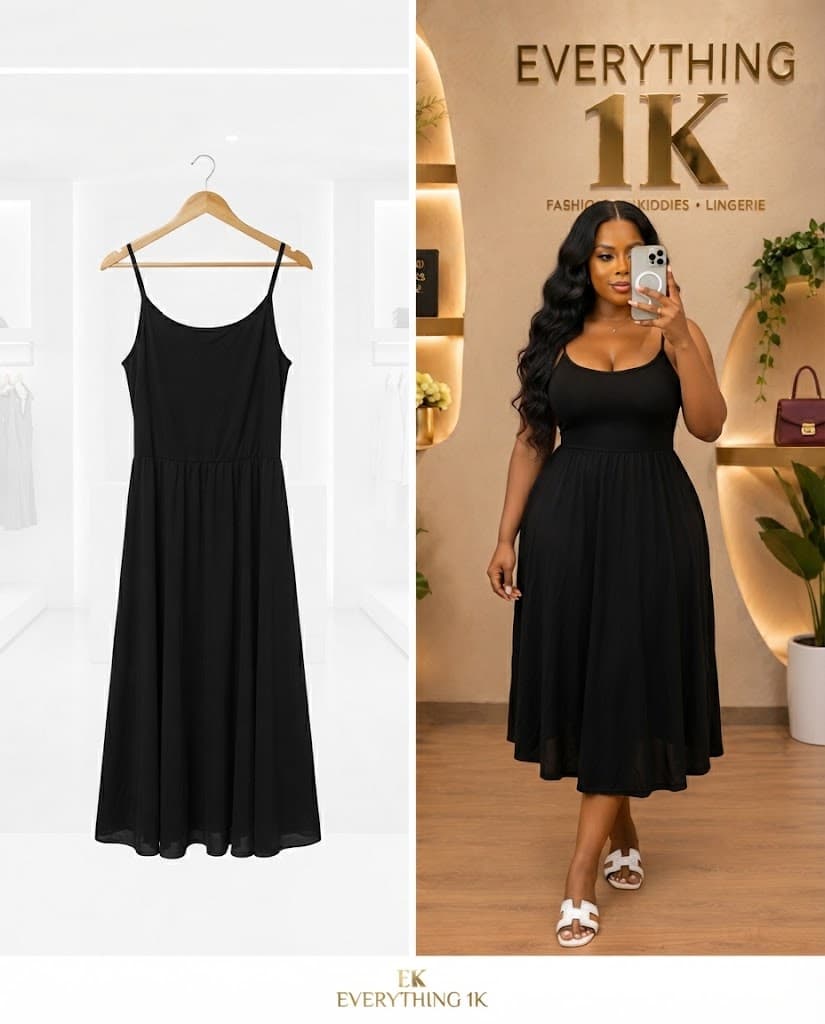 Black Ruffled Waist Midi Dress