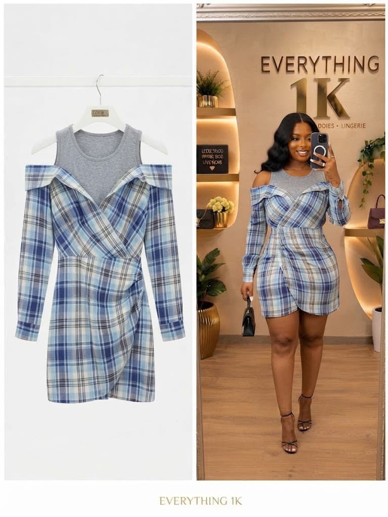 Blue Plaid Party Cold-Shoulder Wrap Dress
